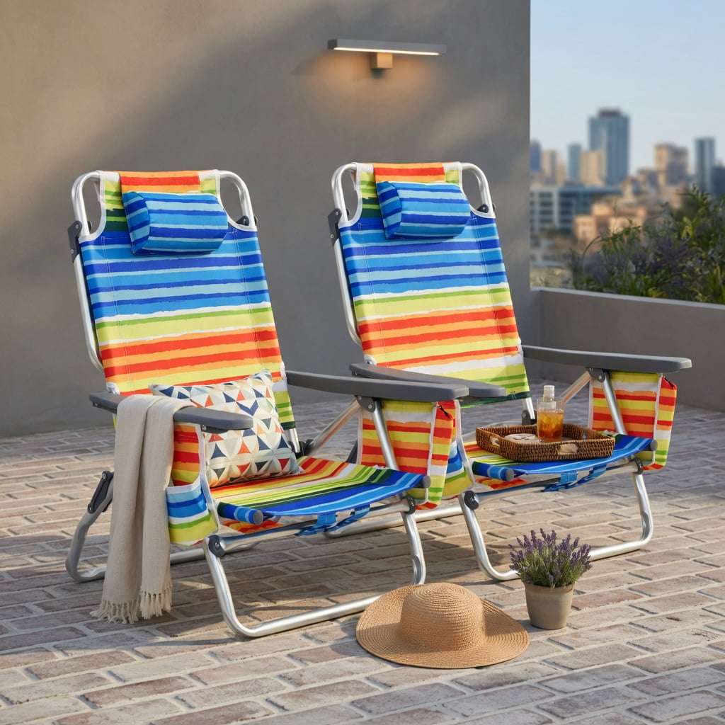 Hommoo 4-Pack Adjustable 5-Position Folding Beach Chair Set with Pillow, Lightweight Aluminum Frame, Waterproof PVC Fabric, Yellow