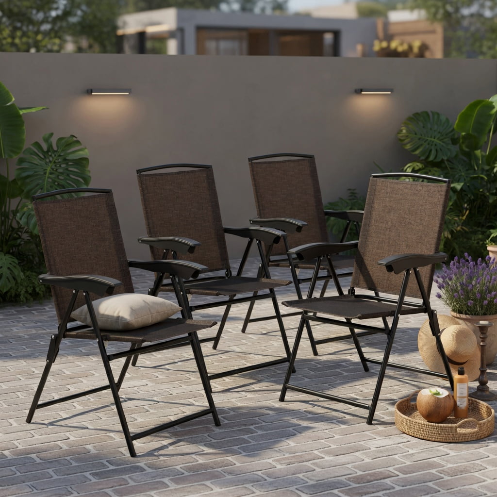 Hommoo 4-Pack Foldable Outdoor Dining Chairs with Adjustable Sling Back, Rust-Resistant Steel Frame, Breathable Fabric, for Patio, Poolside, Balcony & Indoor Use, Brown