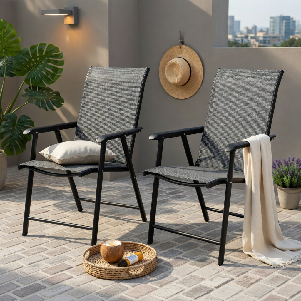 Hommoo 4-Pack Foldable Outdoor Patio Chairs, Steel Frame & Textilene Seat, Lightweight Camping Chairs for Backyard, Deck, Picnic, and Tailgating, Gray