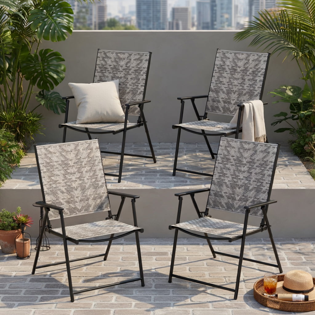 Hommoo 4-Pack Folding Patio Chairs with Armrests, Heavy-Duty PE Rattan & Steel Frame, Rust-Resistant Outdoor Lawn Chairs for Backyard, Garden, Poolside, Gray