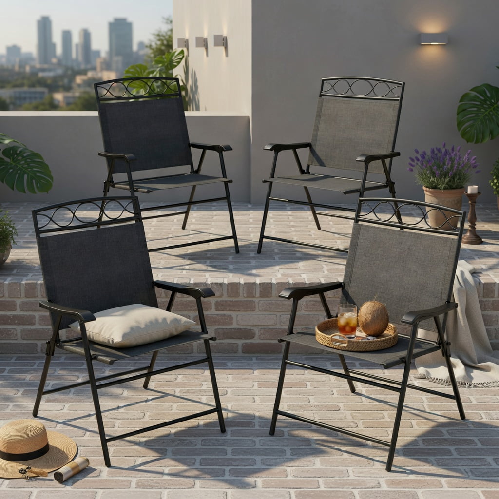 Hommoo 4-Pack Folding Patio Chairs with Armrests, Outdoor Dining Chairs, Lightweight Metal Frame, Easy-Store Compact Design for Deck, Backyard & Poolside, Gray