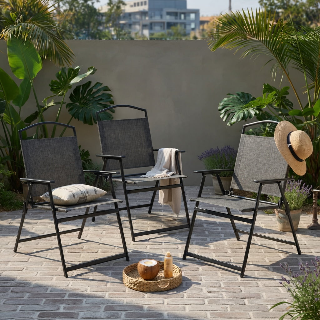 Hommoo 4-Pack Folding Patio Chairs, Heavy-Duty Steel Frame, Breathable Fabric Seats, Easy-Fold for Backyard, Poolside & Garden Use, Gray