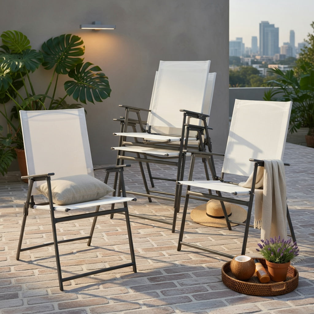 Hommoo 4-Pack Folding Patio Chairs, Rust-Resistant Metal Frame, Fabric, High-Back Comfort Design for Backyard, Deck & Camping, White