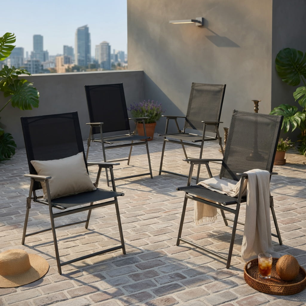 Hommoo 4-Pack Folding Patio Chairs with Rust-Resistant Metal Frame, Heavy-Duty Outdoor Chairs, Space-Saving Foldable Design for Backyard, Deck & Camping, Black