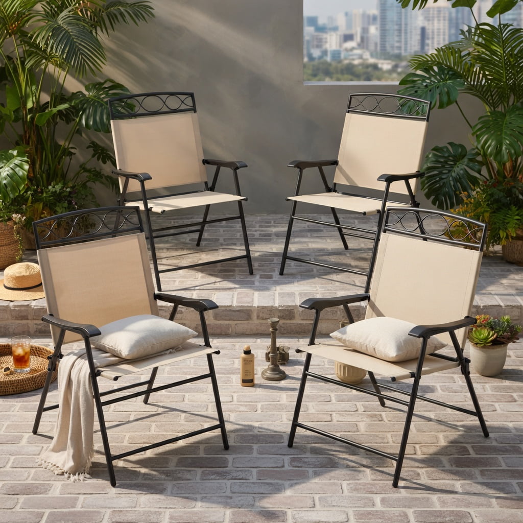 Hommoo 4-Pack Folding Patio Chairs with Armrests, Heavy-Duty Outdoor Dining Chairs, Ergonomic 105° Backrest, Beige