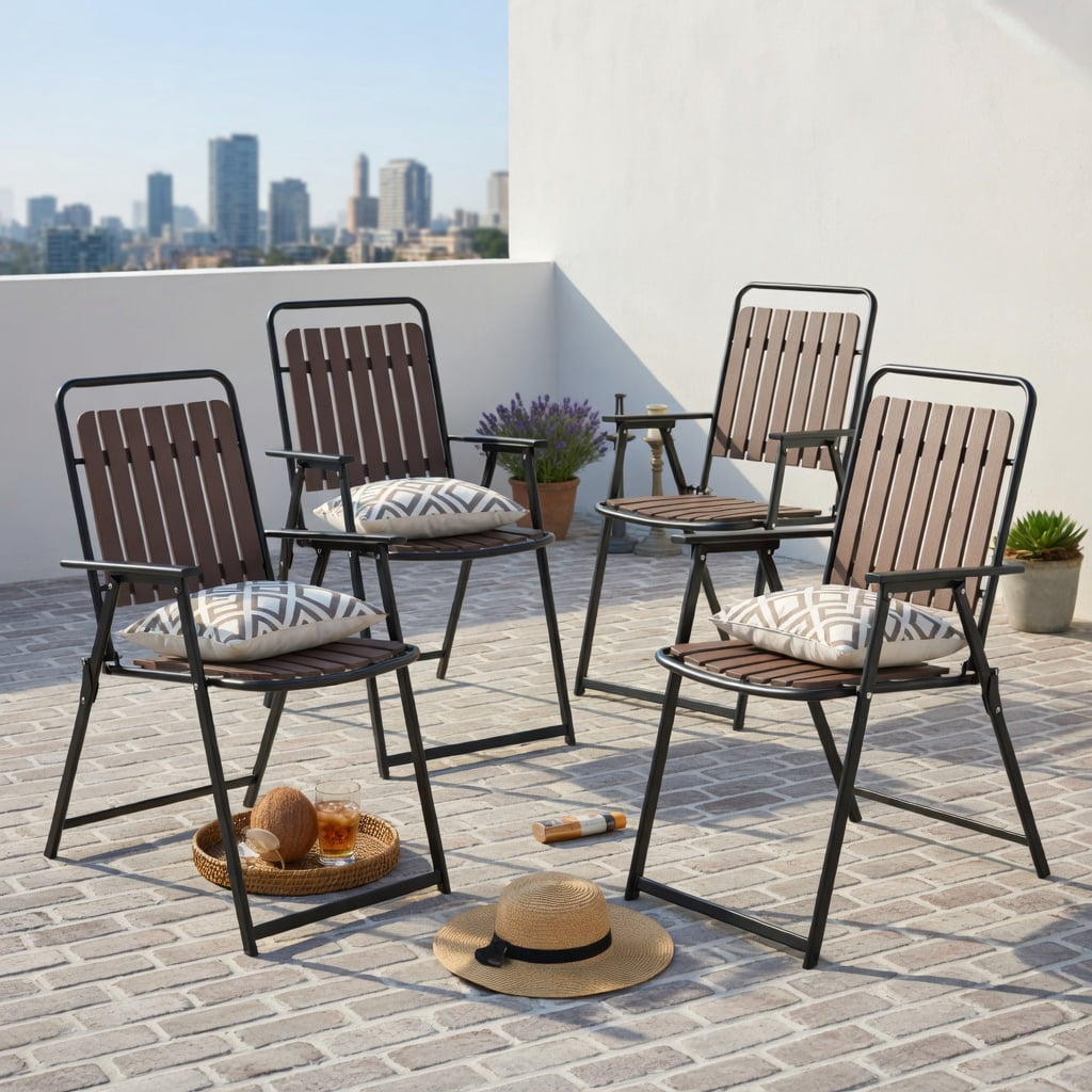 Hommoo 4-Pack Heavy-Duty Folding Patio Chairs, Breathable PP Seat & Back, Compact Foldable Design for Backyard, Balcony & Porch, Coffee Brown