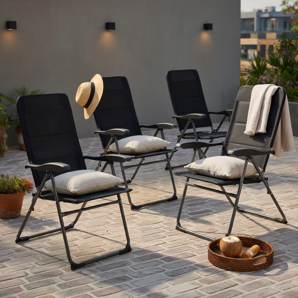 Hommoo 4-Pack Heavy-Duty Folding Patio Chairs with 7-Position Adjustable Backrest, Steel Frame & Breathable Oxford Fabric, Black