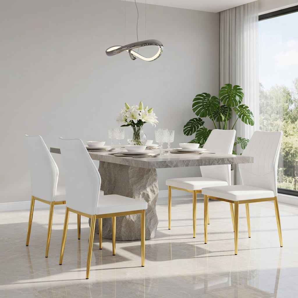 Hommoo 4-Pack Modern Dining Chairs, 37 in Tall, Ergonomic PU Leather Backrest, Sturdy Metal Frame, Easy-Clean Design for Kitchen or Dining Room, White & Gold