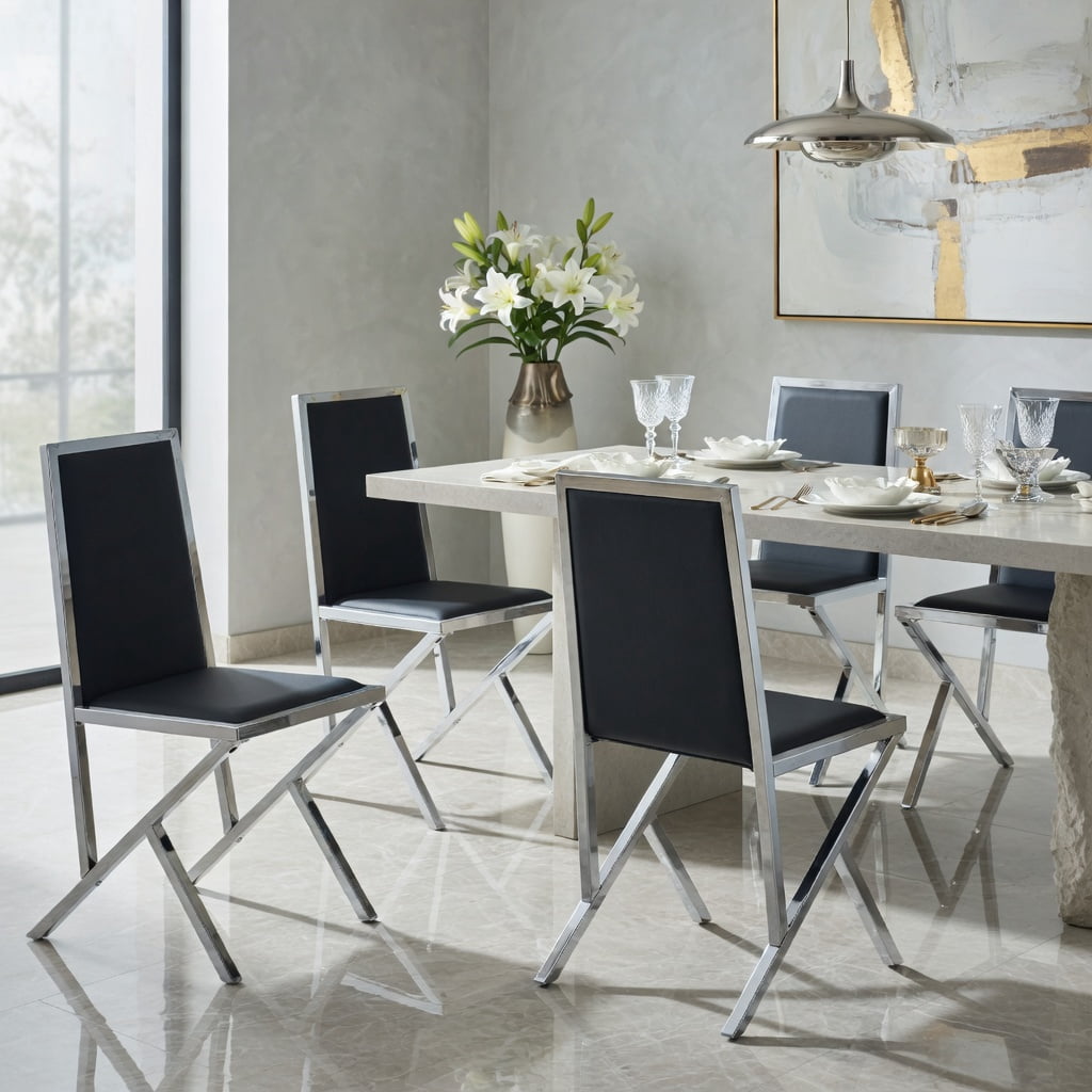 Hommoo 4-Pack Modern PU Leather Dining Chairs with Metal Frame, Ergonomic, Easy Assembly, Anti-Slip Adjustable Feet, Black & Sliver