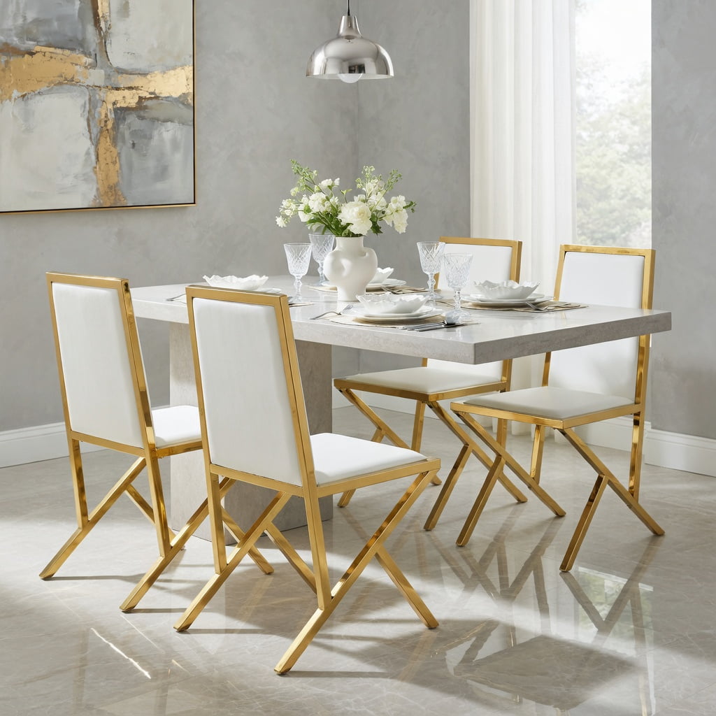 Hommoo 4-Pack Modern PU Leather Dining Chairs with Metal Legs, Ergonomic Design, Easy Assembly & Adjustable Non-Slip Feet, White & Gold