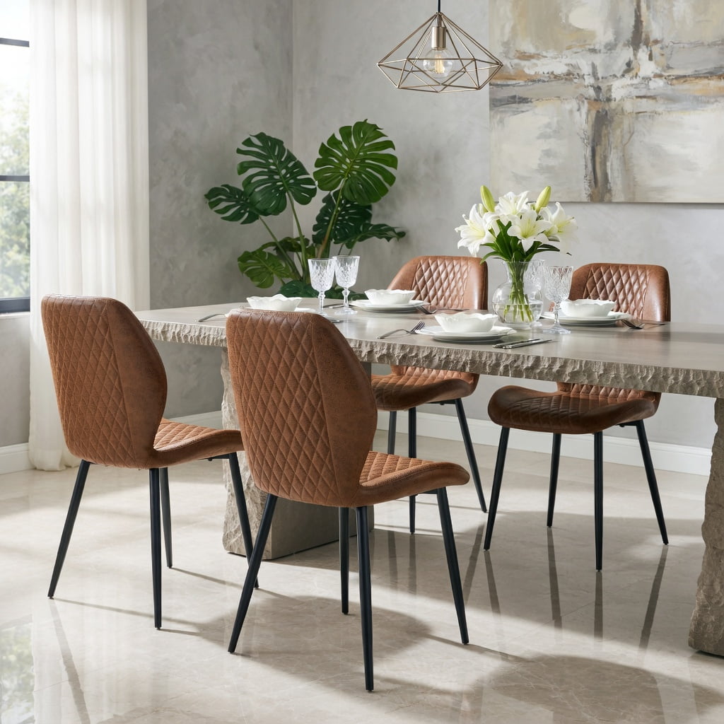 Hommoo 4-Pack Modern Quilted Dining Chairs with Black Metal Legs, Luxury Diamond-Stitch Fabric, Ergonomic Design for Home, Cafe & Office Use, Brown