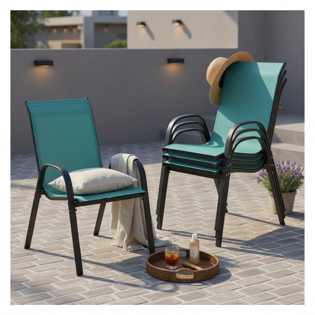 Hommoo 4-Pack Outdoor Patio Chairs with Grey Steel Frame, Stackable, Weather-Resistant Mesh Seating for Deck, Poolside & Backyard, Navy
