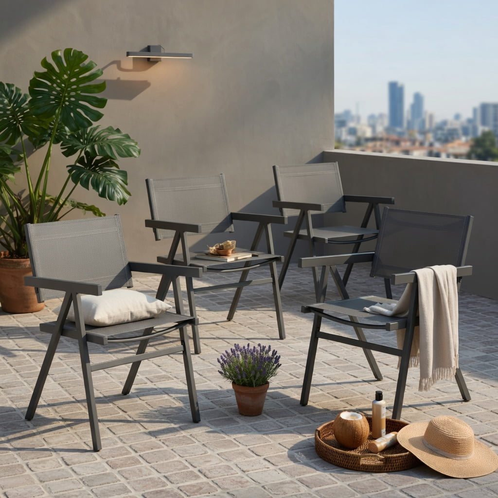 Hommoo 4-Pack Outdoor Patio Dining Chairs, Breathable Fabric Seat, Powder-Coated Metal Frame, Fade-Resistant & Ergonomic for Patio, Poolside & Backyard, Gray