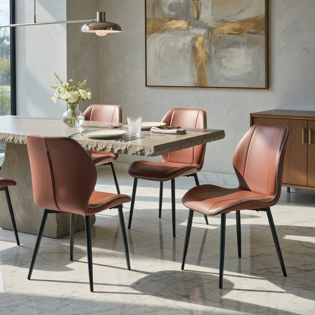 Hommoo 4-Pack PU Leather Dining Chairs with Metal Legs, Ergonomic, Adjustable Feet, Stain-Resistant for Dining Room, Office & Living Space, Reddish-Brown