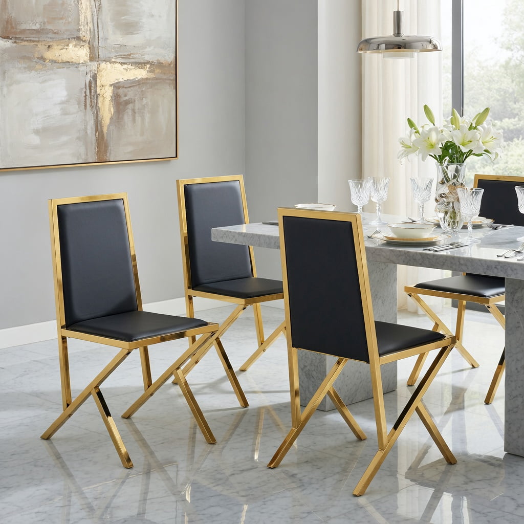 Hommoo 4-Pack PU Leather Dining Chairs with Metal Frame, Ergonomic Modern Design, Easy Assembly & Adjustable Non-Slip Feet, Black & Gold