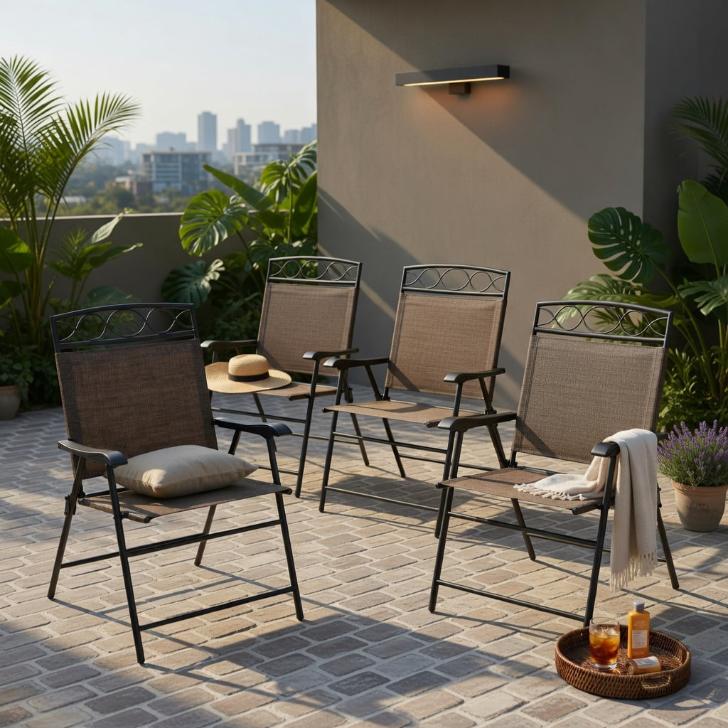 Hommoo 4-Pack Patio Folding Chairs with Armrests, Lightweight Outdoor Dining Chairs, Easy-Store Metal Frame & Breathable Fabric, Brown