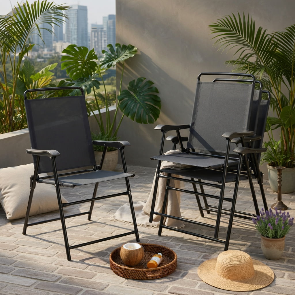Hommoo 4-Pack Portable Outdoor Folding Chairs with Armrests, Heavy-Duty Steel Frame, Breathable Fabric, Compact Foldable Design for Patio, Garden & Balcony, Gray