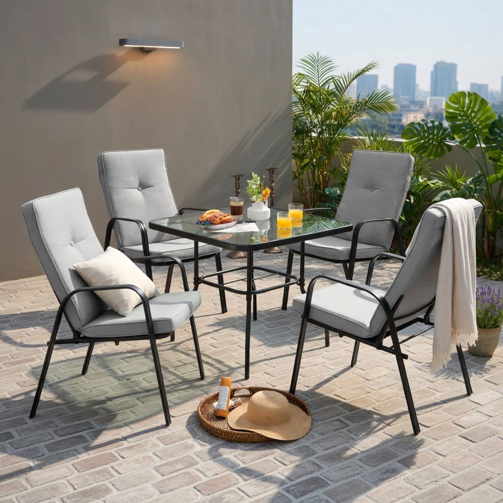Hommoo 4-Pack Stackable Outdoor Dining Chairs with High-Back Cushions, Heavy-Duty Steel Frame, Rust-Resistant Powder-Coated Finish, Indoor/Outdoor Use, Gray