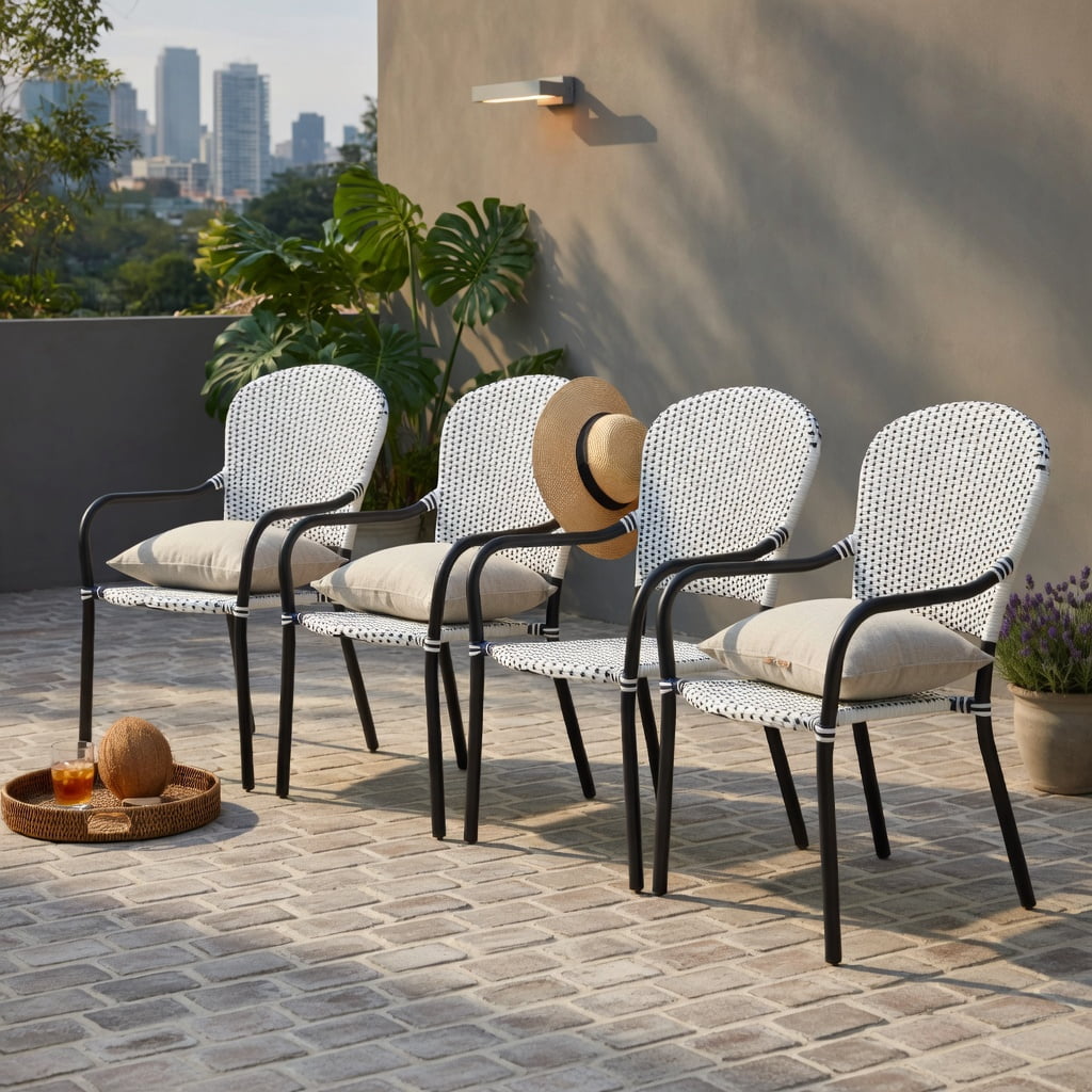 Hommoo 4-Pack Stackable Outdoor Dining Chairs, PE Rattan with Black Steel Frame, Weather-Resistant Patio Chairs for Garden, Poolside & Backyard, White