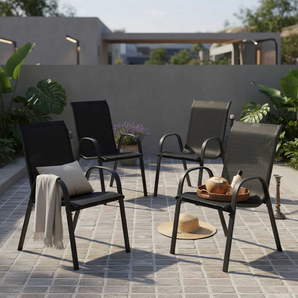 Hommoo 4-Pack Stackable Outdoor Dining Chairs with Armrests, Steel Frame, Ergonomic Design for Patio, Deck & Backyard, Black