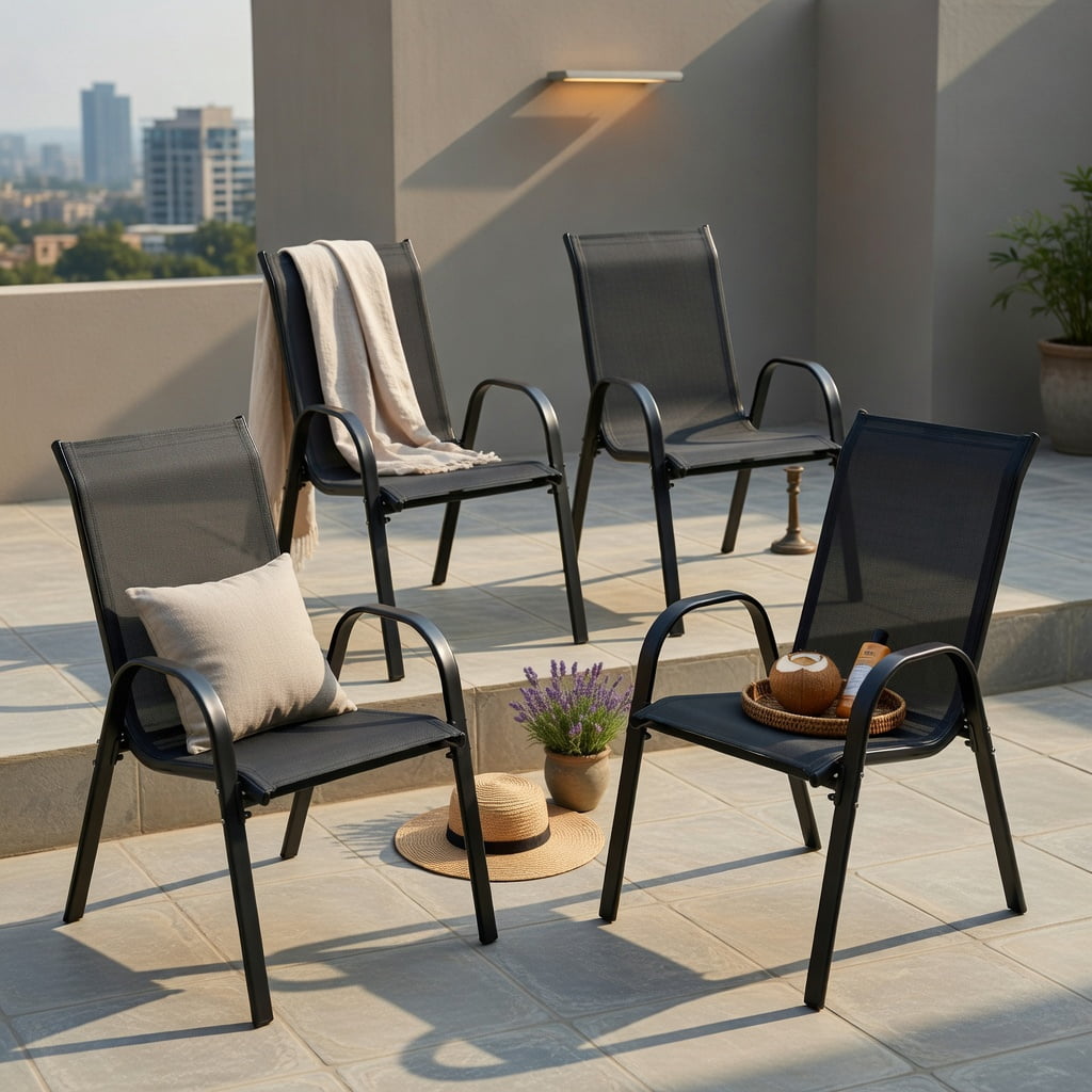Hommoo 4-Pack Stackable Outdoor Dining Chairs with Ergonomic Armrests, Heavy-Duty Steel Construction for Patio & Deck, Gray