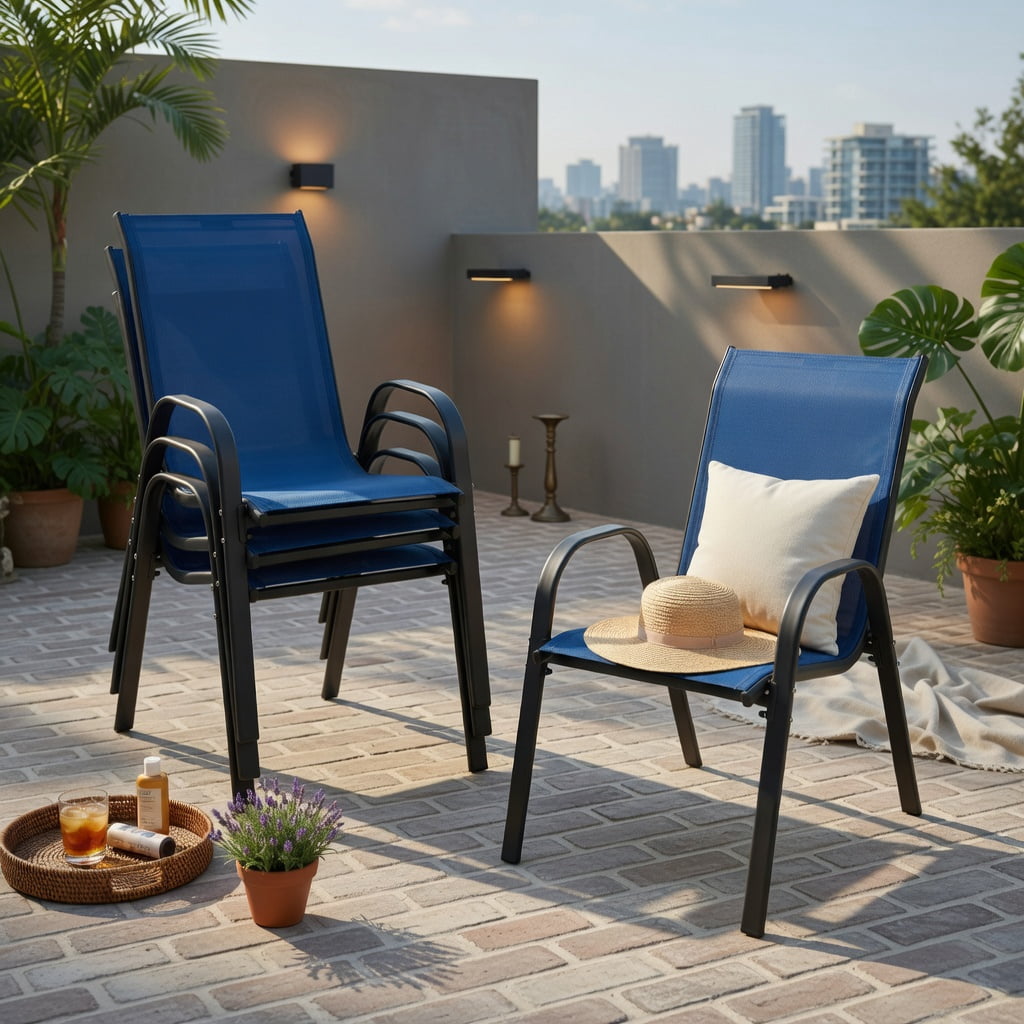 Hommoo 4-Pack Stackable Patio Dining Chairs, Ergonomic Armrests & Breathable Mesh Fabric, Outdoor Mesh Chairs for Deck, Patio, or Balcony, Navy