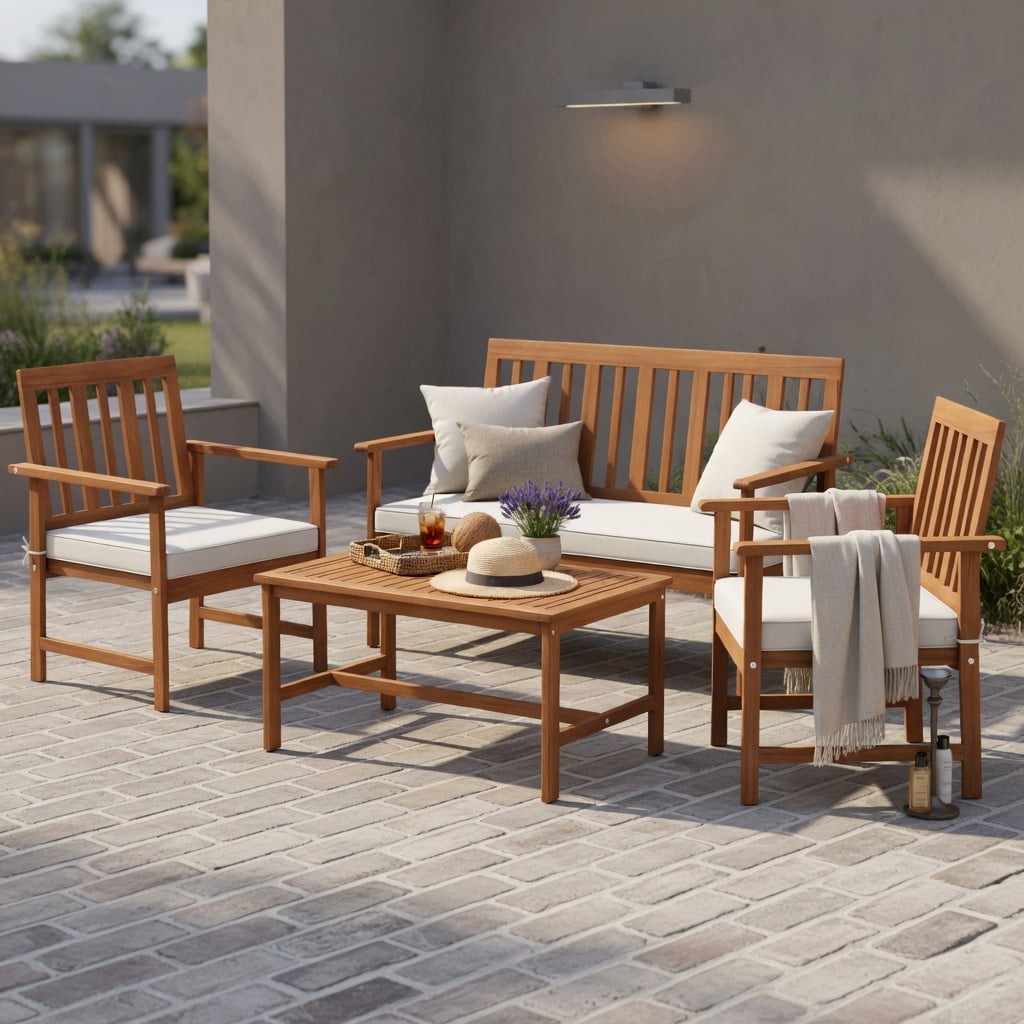 Hommoo 4-Piece Acacia Wood Outdoor Furniture Set, Wood Loveseat & Armchairs with Cushions, Coffee Table, Durable, Weather-Resistant Patio Set for Backyard, Porch & Poolside, White