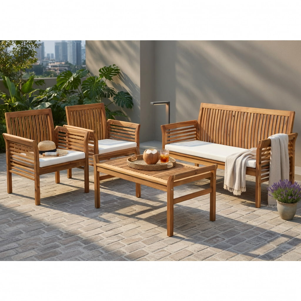 Hommoo 4-Piece Acacia Wood Outdoor Patio Sofa Set with Polyester Cushions, Loveseat, 2 Single Chairs & Coffee Table for Garden, Poolside, or Deck, Natural