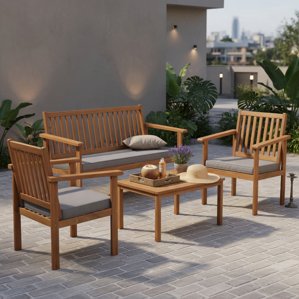 Hommoo 4-Piece Acacia Wood Patio Furniture Set, Cushioned Loveseat, 2 Chairs & Coffee Table for Backyard, Poolside, Porch, Gray