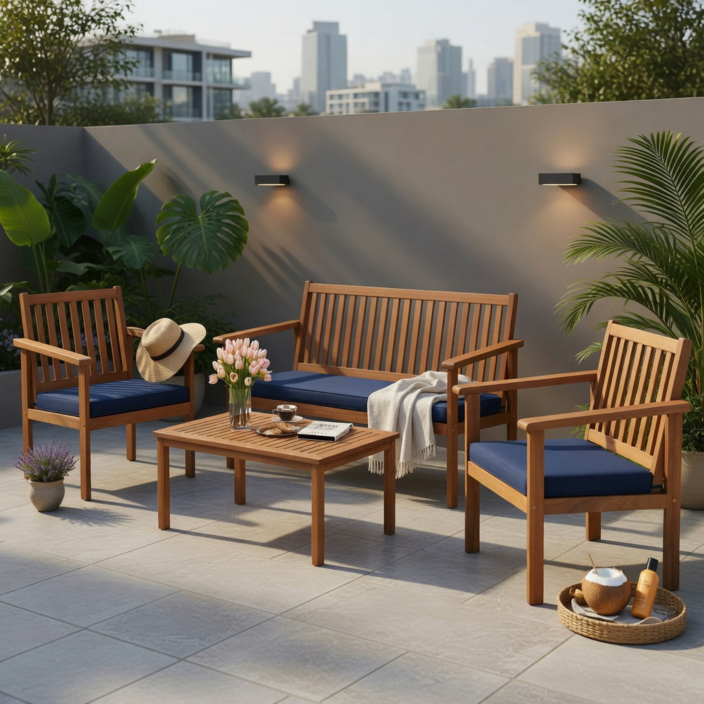 Hommoo 4-Piece Acacia Wood Patio Furniture Set, Cushioned Loveseat, 2 Chairs, Coffee Table for Backyard, Poolside & Porch, Navy