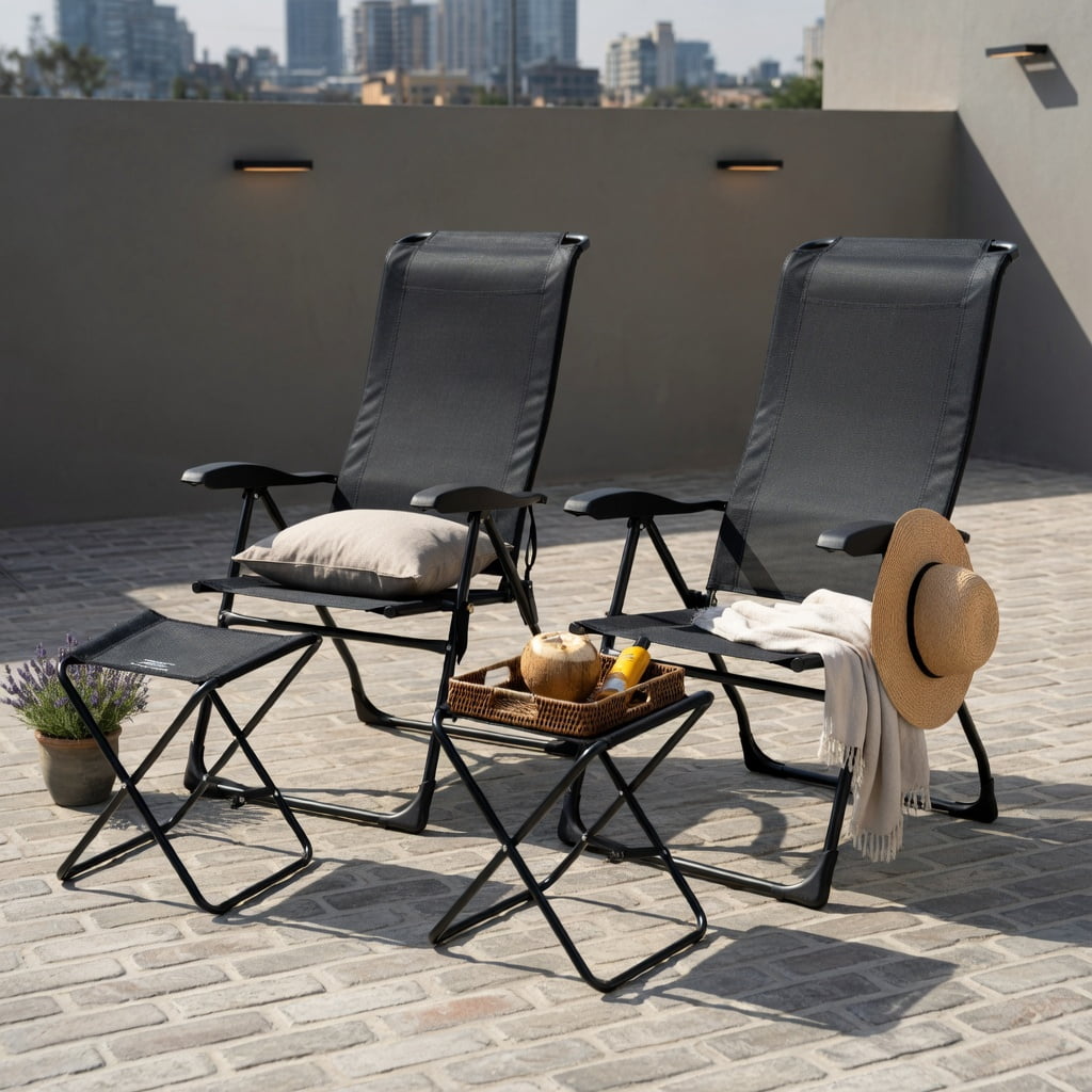 Hommoo 4-Piece Adjustable Reclining Patio Chair & Ottoman Set, Folding Outdoor Dining Chairs with 7-Position Backrest, Steel Frame, Breathable Mesh, for Backyard, Garden, Poolside, Black