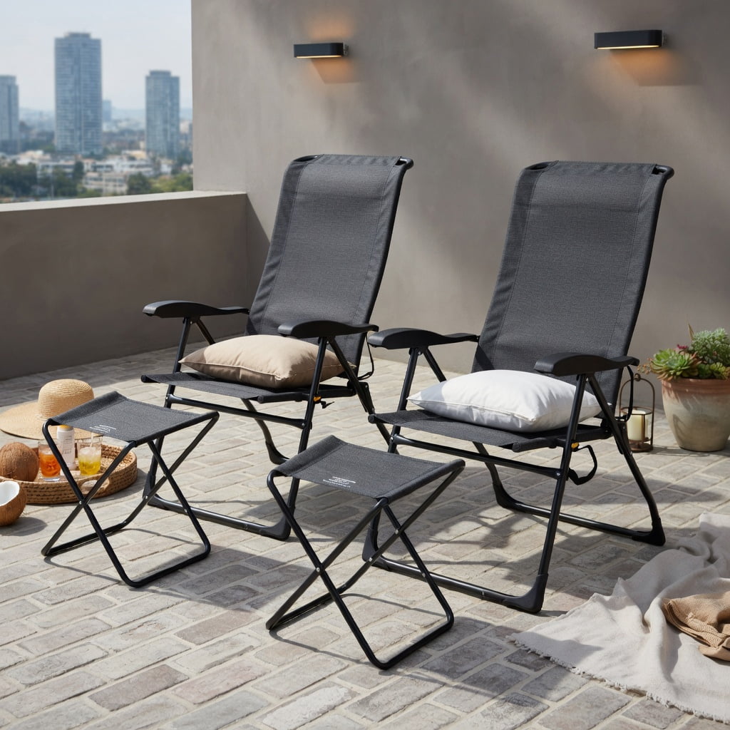 Hommoo 4-Piece Adjustable Reclining Patio Chair & Ottoman Set, Steel Frame with Breathable Mesh, Foldable Outdoor Dining Chairs for Backyard, Garden, Poolside, Gray