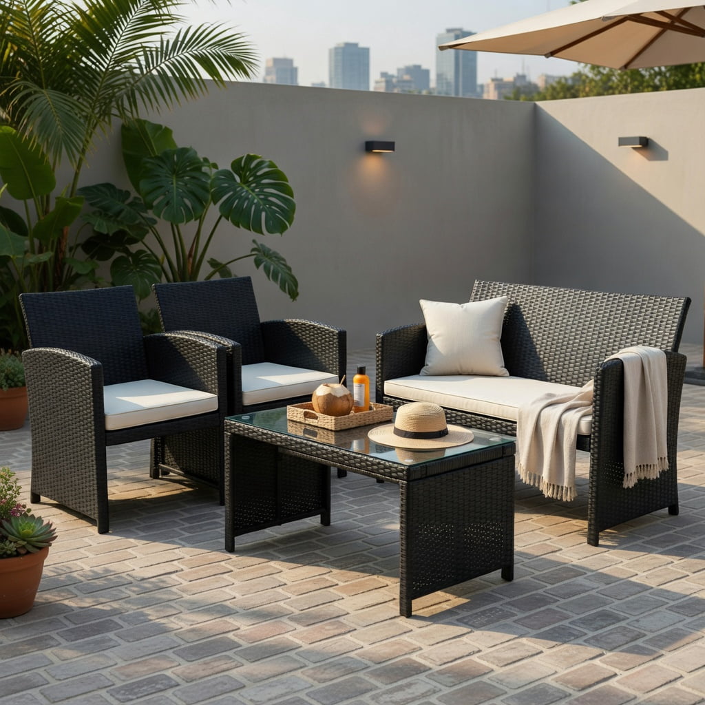 Hommoo 4-Piece All-Weather Wicker Patio Furniture Set, PE Rattan Loveseat & Single Sofas with Tempered Glass Coffee Table and Removable Cushions, White