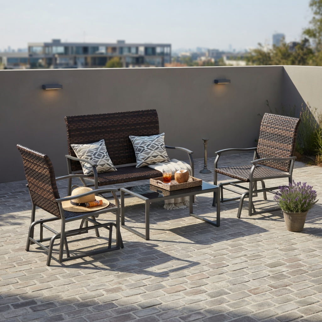 Hommoo 4-Piece All-Weather Wicker Patio Glider Set with Tempered Glass Coffee Table, PE Rattan Loveseat & Single Glider, Outdoor Swing Furniture for Backyard, Poolside & Porch, Brown
