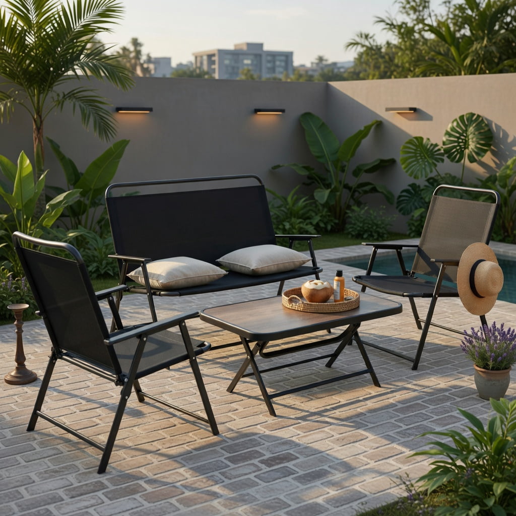 Hommoo 4-Piece Foldable Patio Furniture Set, SPC Coffee Table, Loveseat & 2 Chairs for Backyard, Poolside & Garden Use, Black