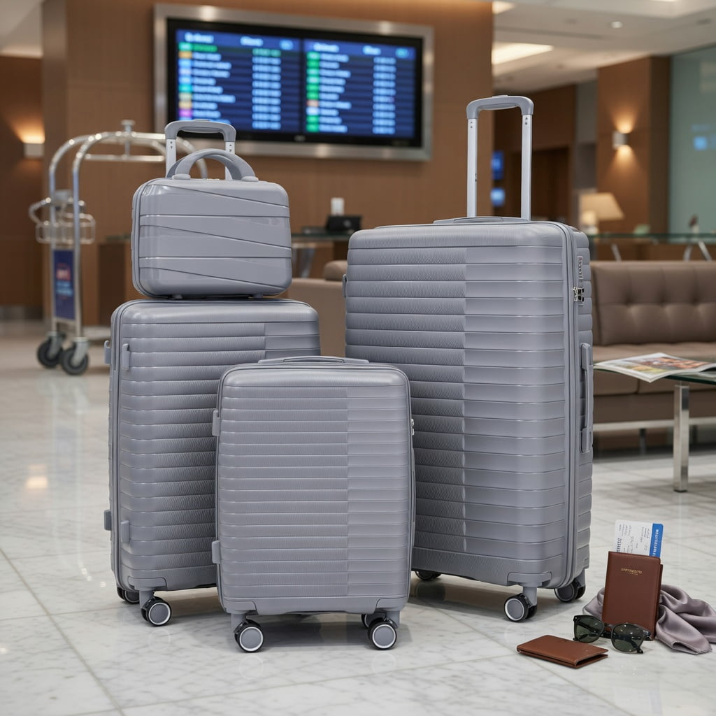 Hommoo 4-Piece Lightweight PP Spinner Luggage Set with 14" Cosmetic Case Carry-On + 20"/24"/28" Suitcases, TSA-Compatible Combination Lock, 360° Silent Wheels, Light Gray