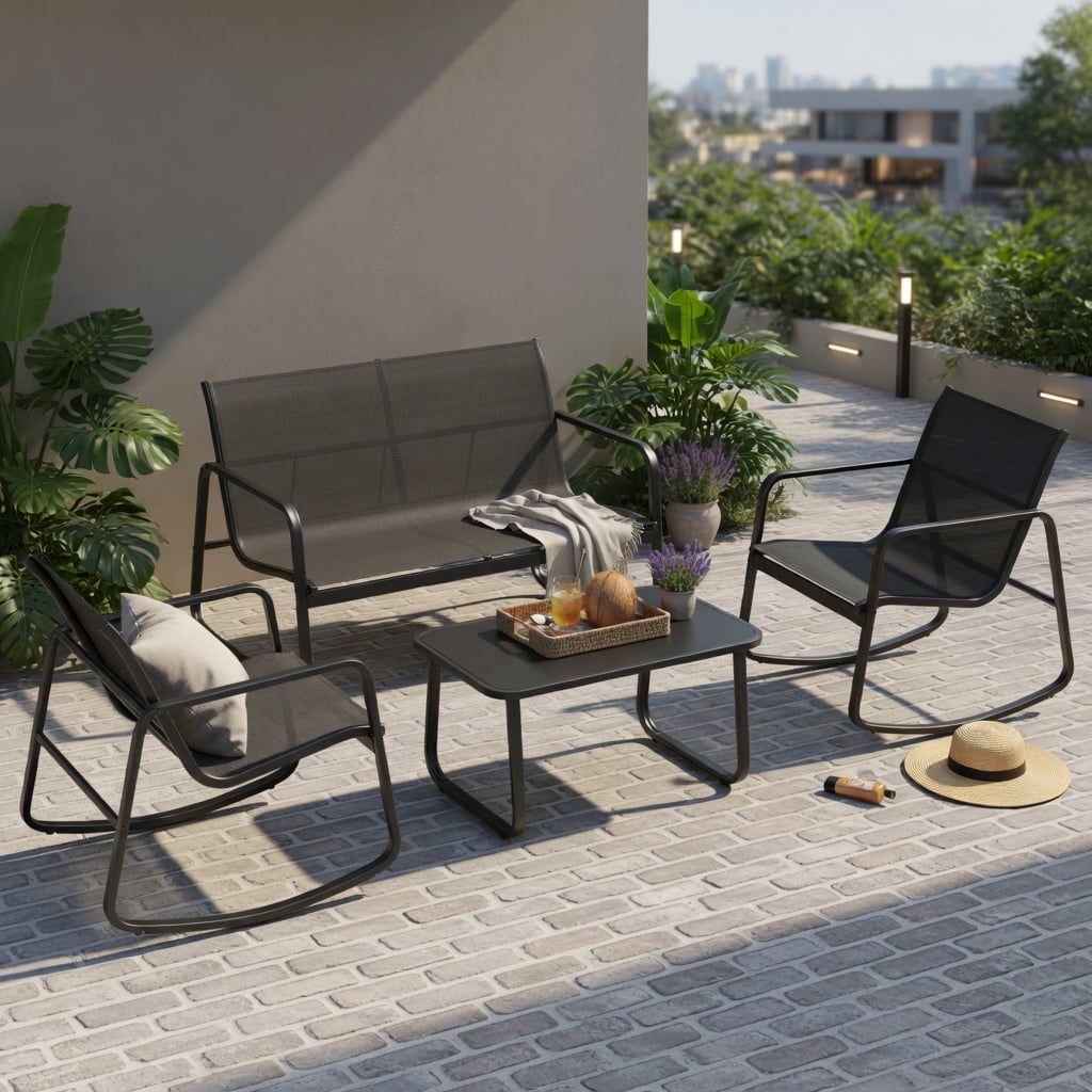 Hommoo 4-Piece Metal Patio Rocking Set with Tempered Glass Coffee Table, Outdoor Rocking Chairs & Loveseat for Backyard, Poolside & Balcony, Black