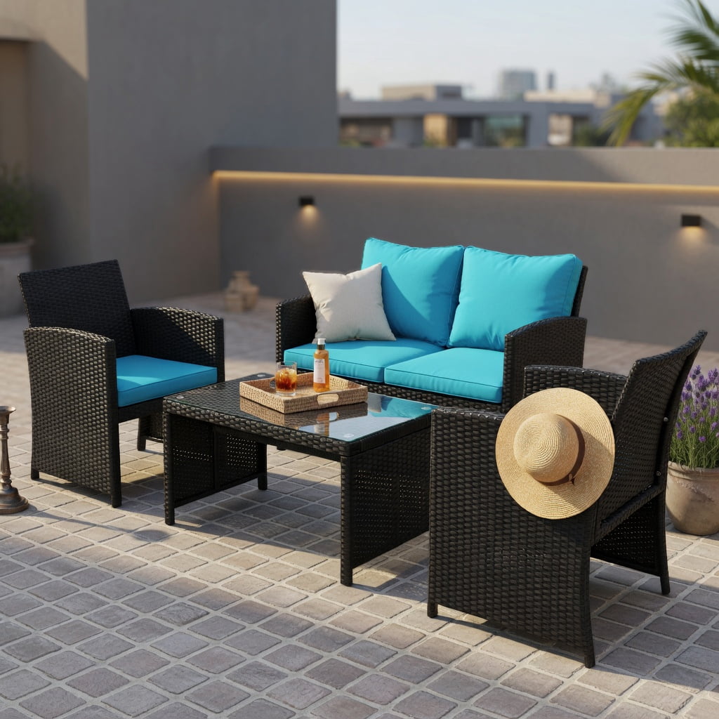 Hommoo 4-Piece Modern Black PE Rattan Patio Furniture Set with Weather-Resistant Cushions, Tempered Glass Coffee Table, Loveseat & 2 Single Sofas for Backyard, Poolside & Balcony, Turquoise
