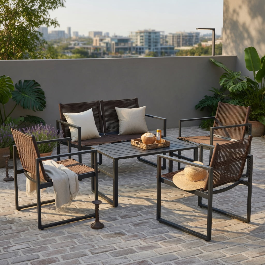 Hommoo 4-Piece Modern Outdoor Patio Conversation Set, Steel Frame Sofa Loveseat with Coffee Table, Weather-Resistant Polyester Rope Design for Backyard, Poolside & Balcony, Brown and Black