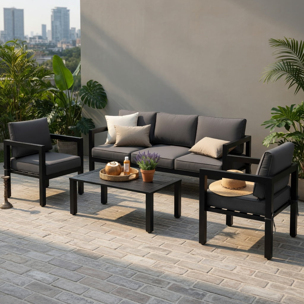 Hommoo 4-Piece Modern Outdoor Patio Furniture Set, Aluminum Frame with Cushions for Backyard, Poolside & Garden, Gray