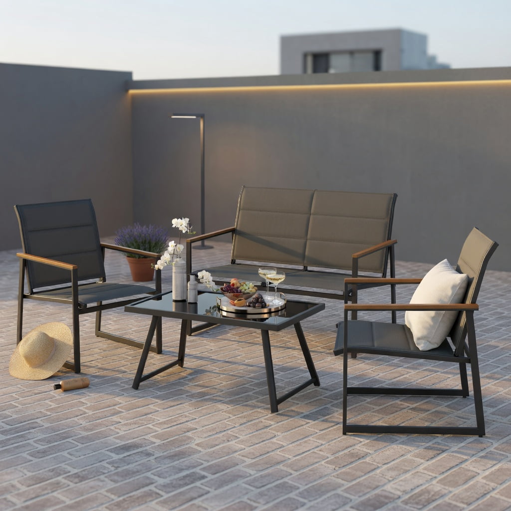 Hommoo 4-Piece Modern Outdoor Patio Furniture Set, Loveseat, 2 Armchairs & Tempered Glass Coffee Table for Backyard, Poolside & Balcony, Gray