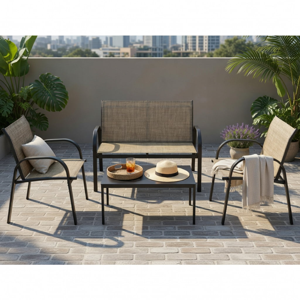 Hommoo 4-Piece Modern Outdoor Patio Furniture Set, Steel Frame Loveseat, 2 Single Sofas & Tempered Glass Top Coffee Table, Brown