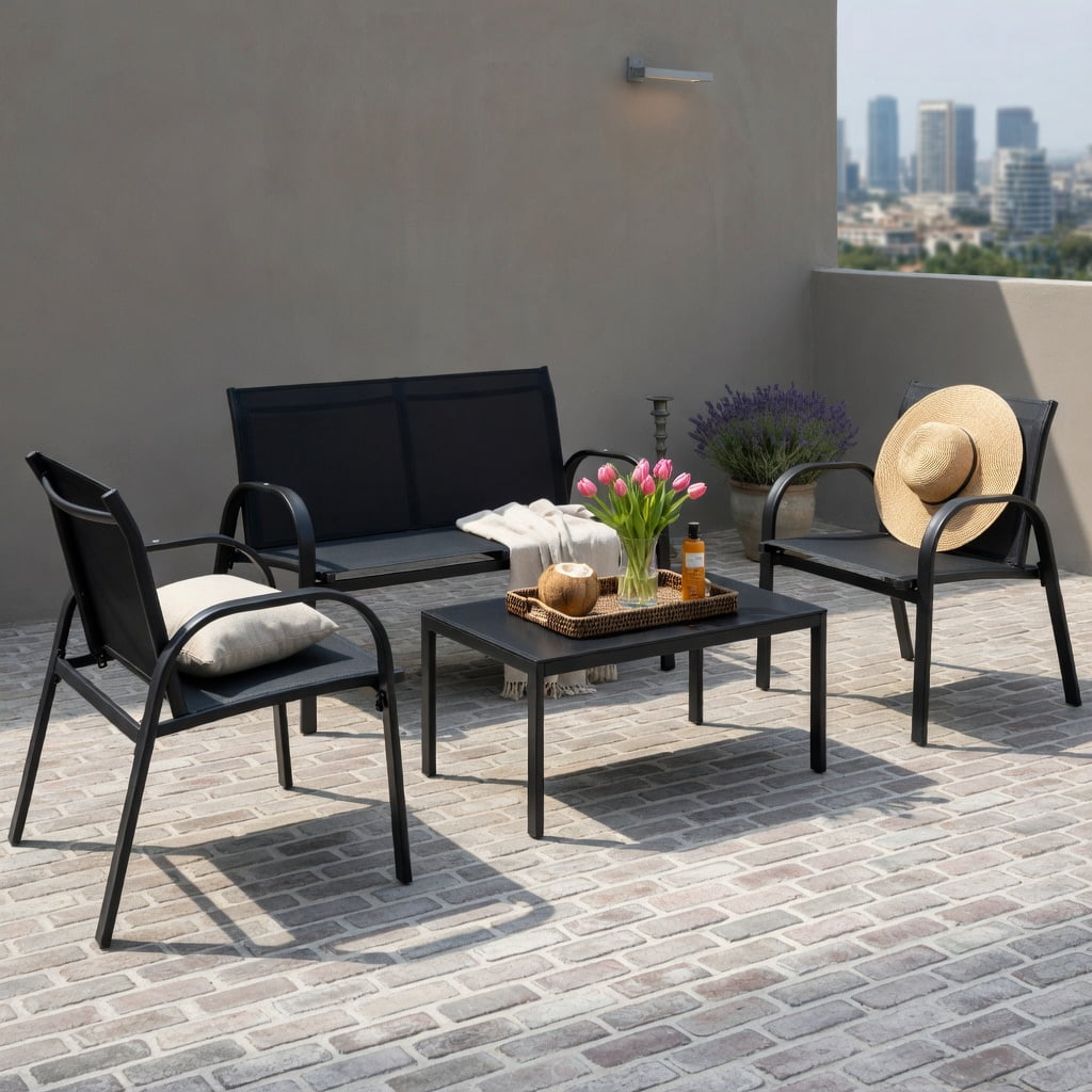 Hommoo 4-Piece Modern Outdoor Patio Furniture Set, Steel Frame Loveseat, Two Single Sofas & Tempered Glass Top Coffee Table for Backyard, Deck or Balcony, Black