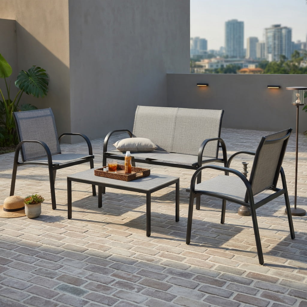 Hommoo 4-Piece Modern Outdoor Patio Furniture Set, Steel Frame Loveseat, Two Single Sofas & Tempered Glass Top Coffee Table for Backyard, Deck or Balcony, Gray