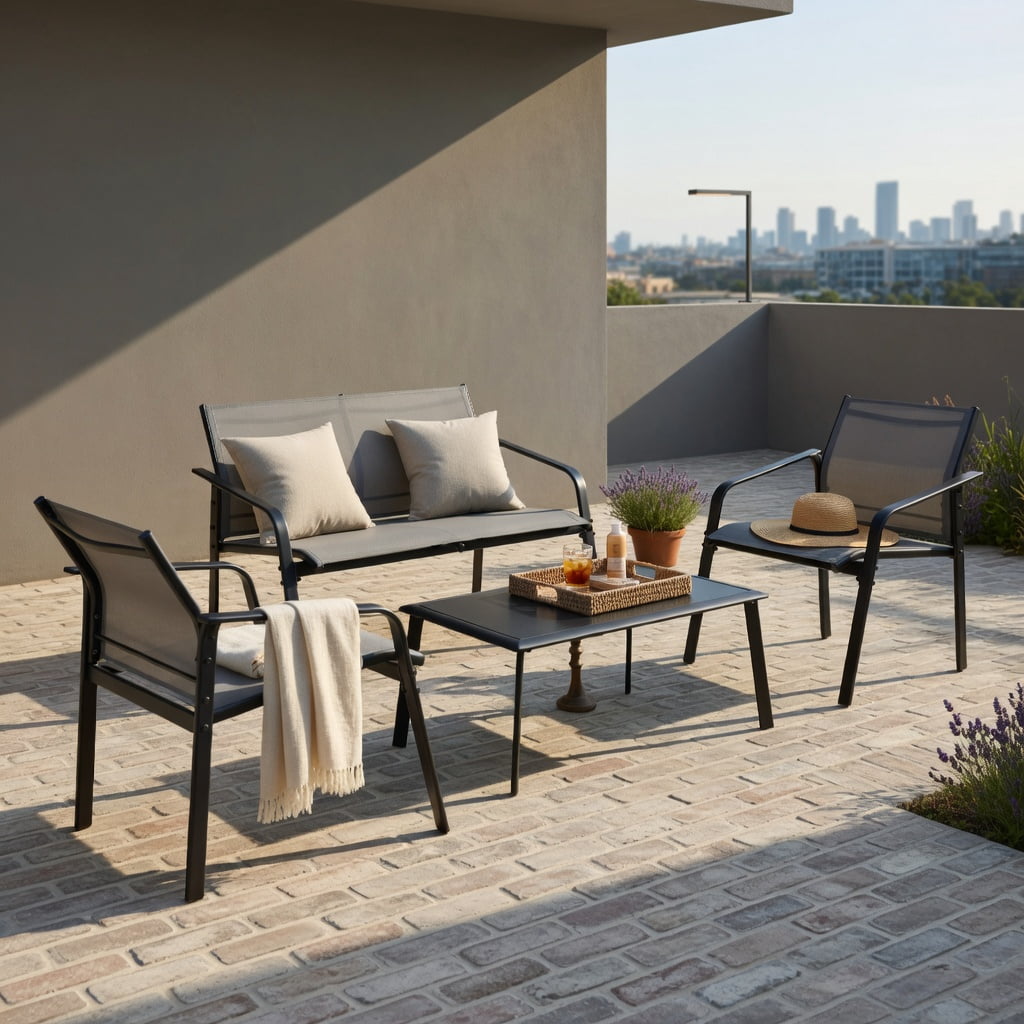 Hommoo 4-Piece Modern Outdoor Patio Furniture Set, Steel Frame with Tempered Glass Table, Loveseat & 2 Armchairs for Deck, Balcony or Backyard, Gray