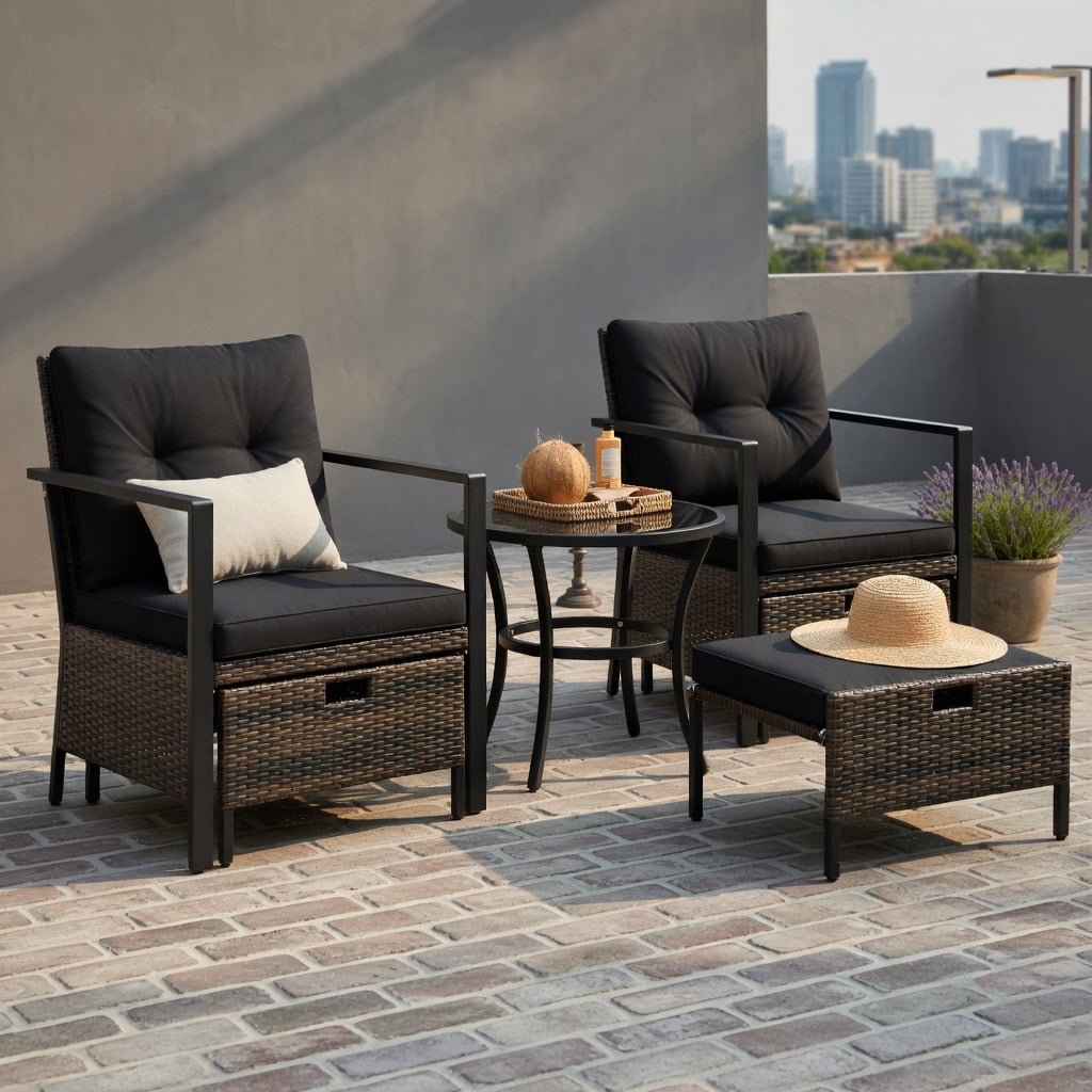 Hommoo 4-Piece Modern Outdoor Wicker Furniture Set with Tempered Glass Coffee Table, PE Rattan & Metal Frame, Black