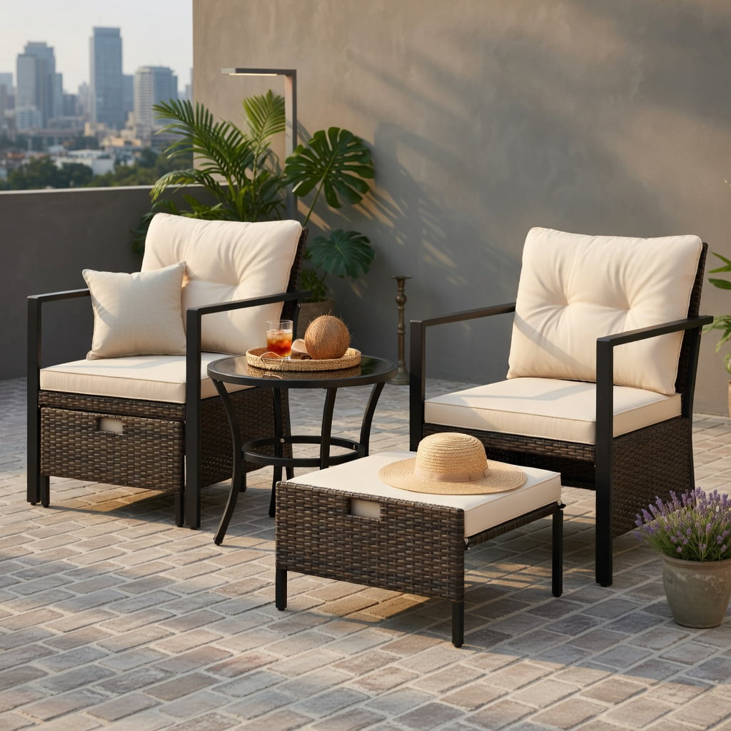 Hommoo 4-Piece Modern Outdoor Wicker Furniture Set with Tempered Glass Coffee Table, Rattan & Metal Frame, White