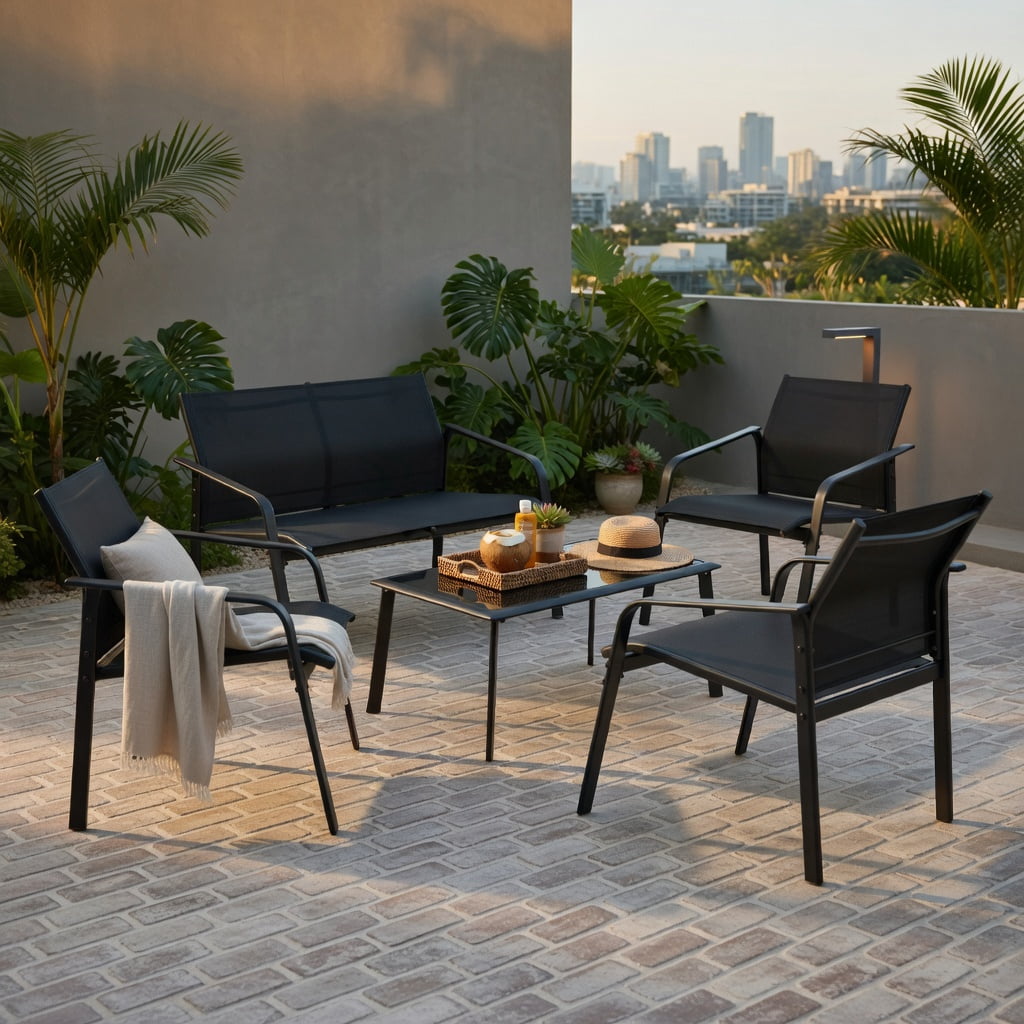 Hommoo 4-Piece Modern Patio Furniture Set, Steel Frame Outdoor Loveseat, 2 Armchairs + Tempered Glass Table, Weather-Resistant, Easy Assembly, Black