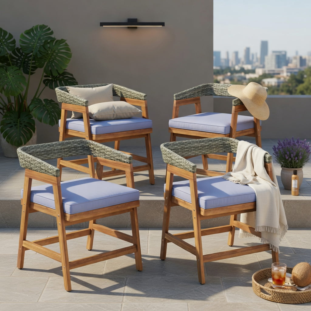 Hommoo 4-Piece Outdoor Dining Chair Set, Acacia Wood Frame with PE Rattan Weave & Cushions for Patio, Backyard, Poolside, Ergonomic Design, Gray