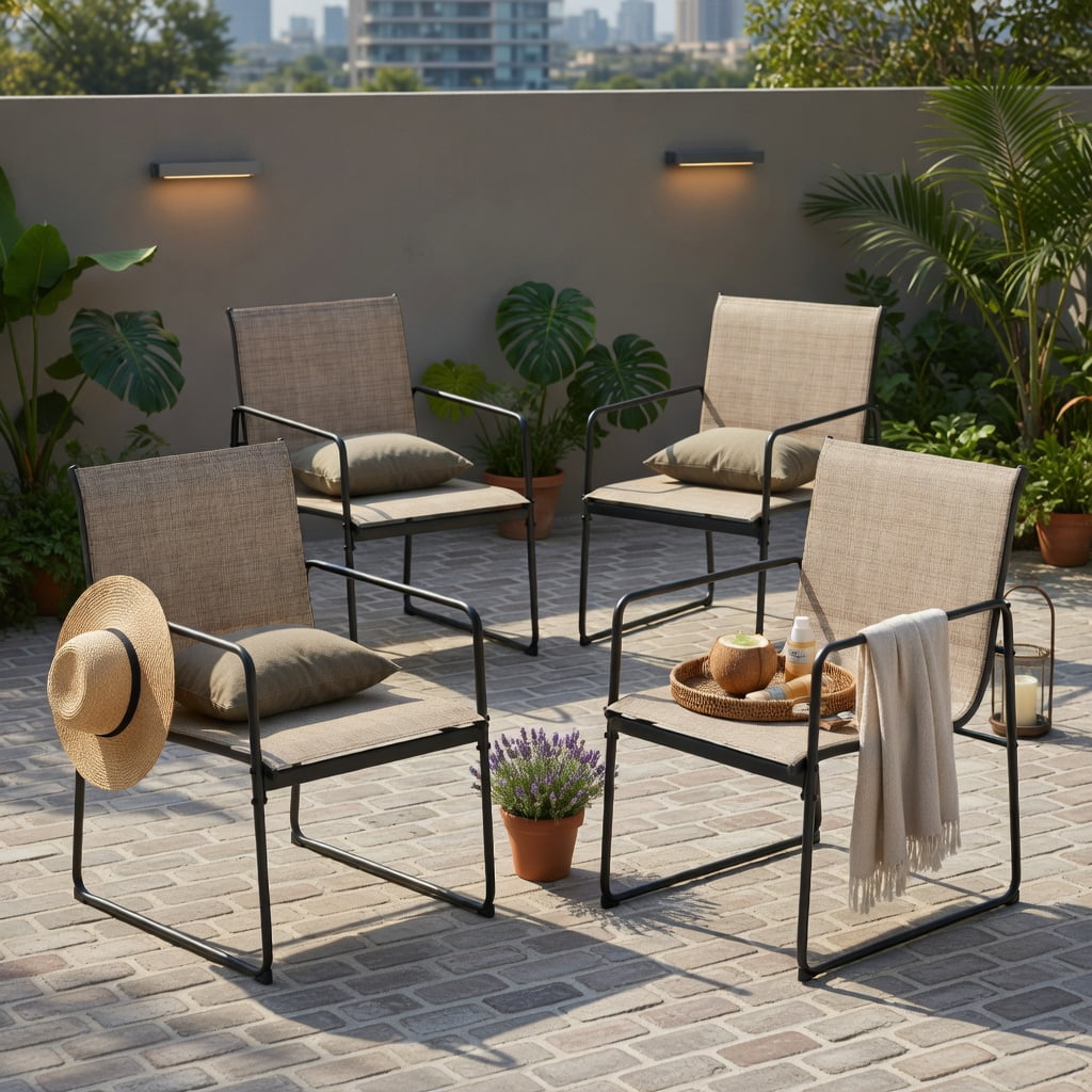 Hommoo 4-Piece Outdoor Dining Chair Set, Breathable Fabric Patio Chairs with Powder-Coated Steel Frame, Brown+Black